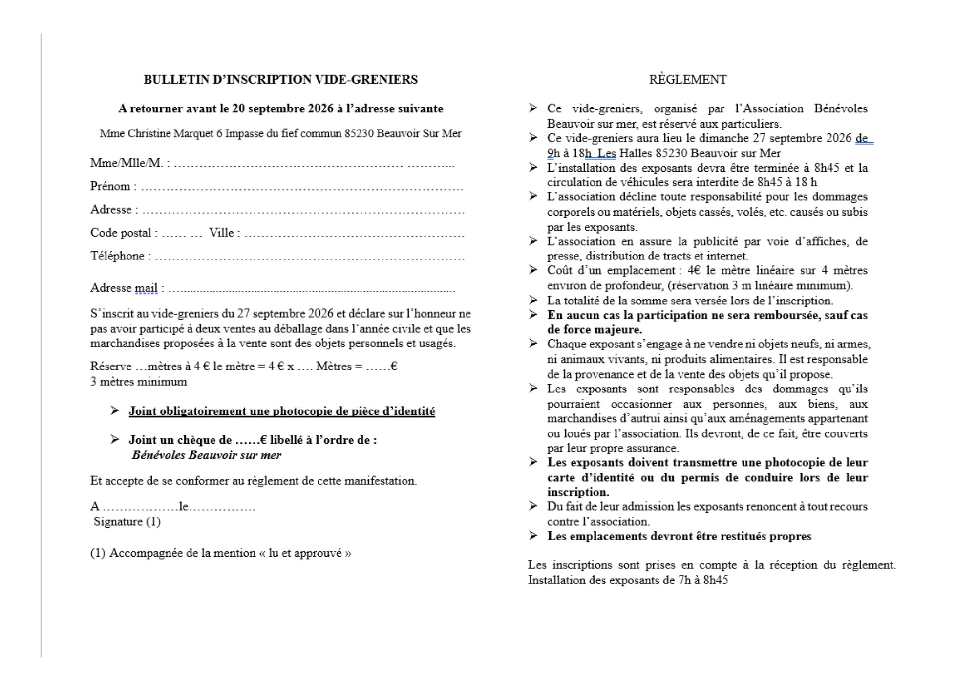 Inscription Vide Grenier 27 septembre 2026 Beauvoir-Sur-Mer